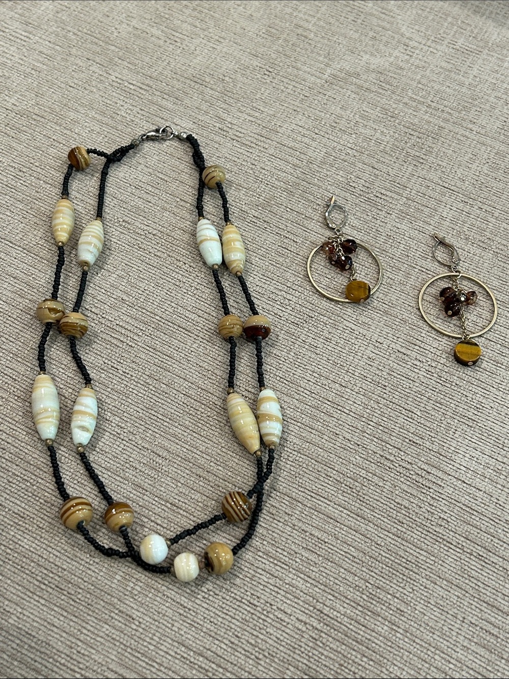 Handmade Cream & Brown Beaded Necklace with loop Earrings with tiger eye stone